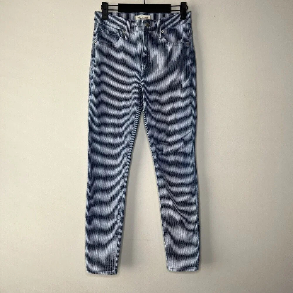 Madewell Women's 9" Mid-Rise Skinny Jeans Size 25 in Blue White Piper Stripe EUC - Picture 1 of 11